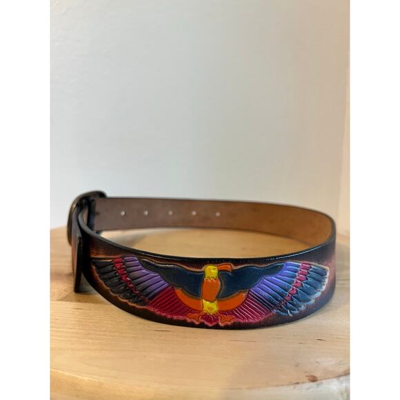 Vintage 90s Painted Eagle Genuine Leather Brass Buckle Belt Size Small main image 4